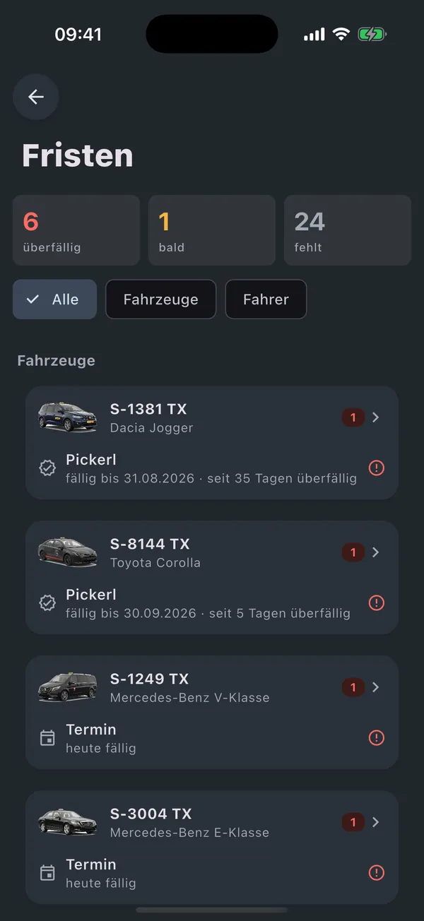 Fristen: Pickerl, Taxameter, Service, Reifen je Land