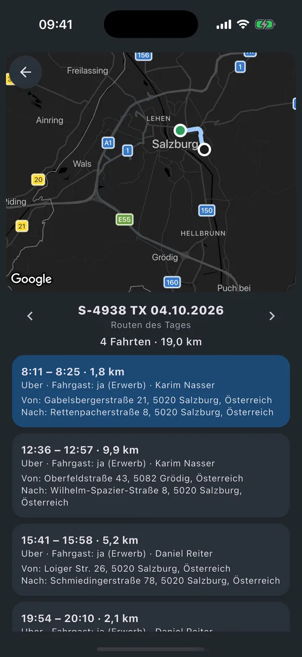 Fahrtenliste eines Tages in der Meine-Taxis-Web-App mit Tageszahlen